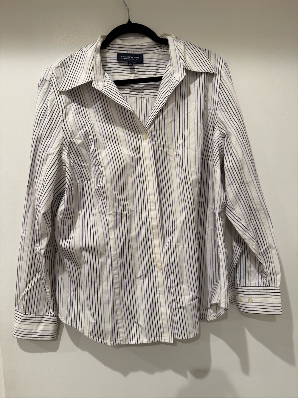 Jones New York Womens Signature Shirt Long Sleeve Button Purple White Striped 1X